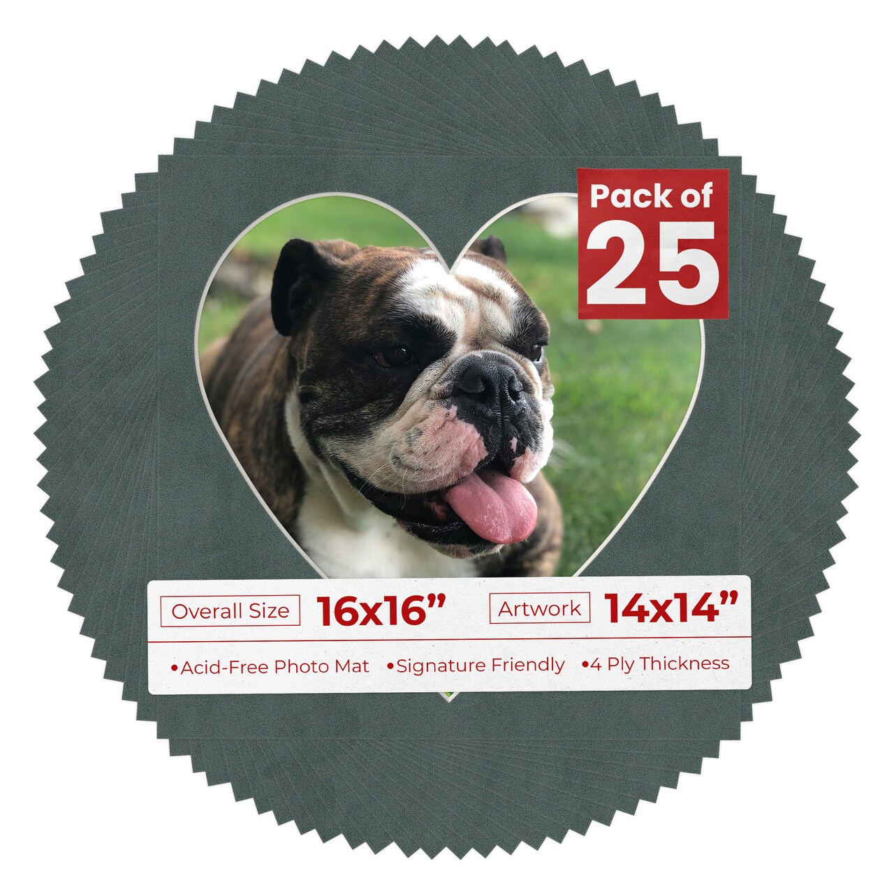 Dark Grey Suede Mat Board for 16x16 Frames - Heart Opening for 14x14 Photos